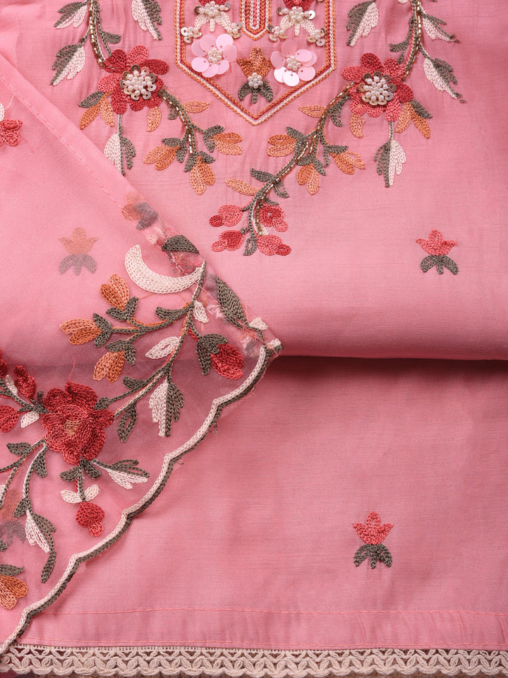 Pink Embroidered Chanderi Unstitched Suit &amp; Pant With Chanderi Dupatta