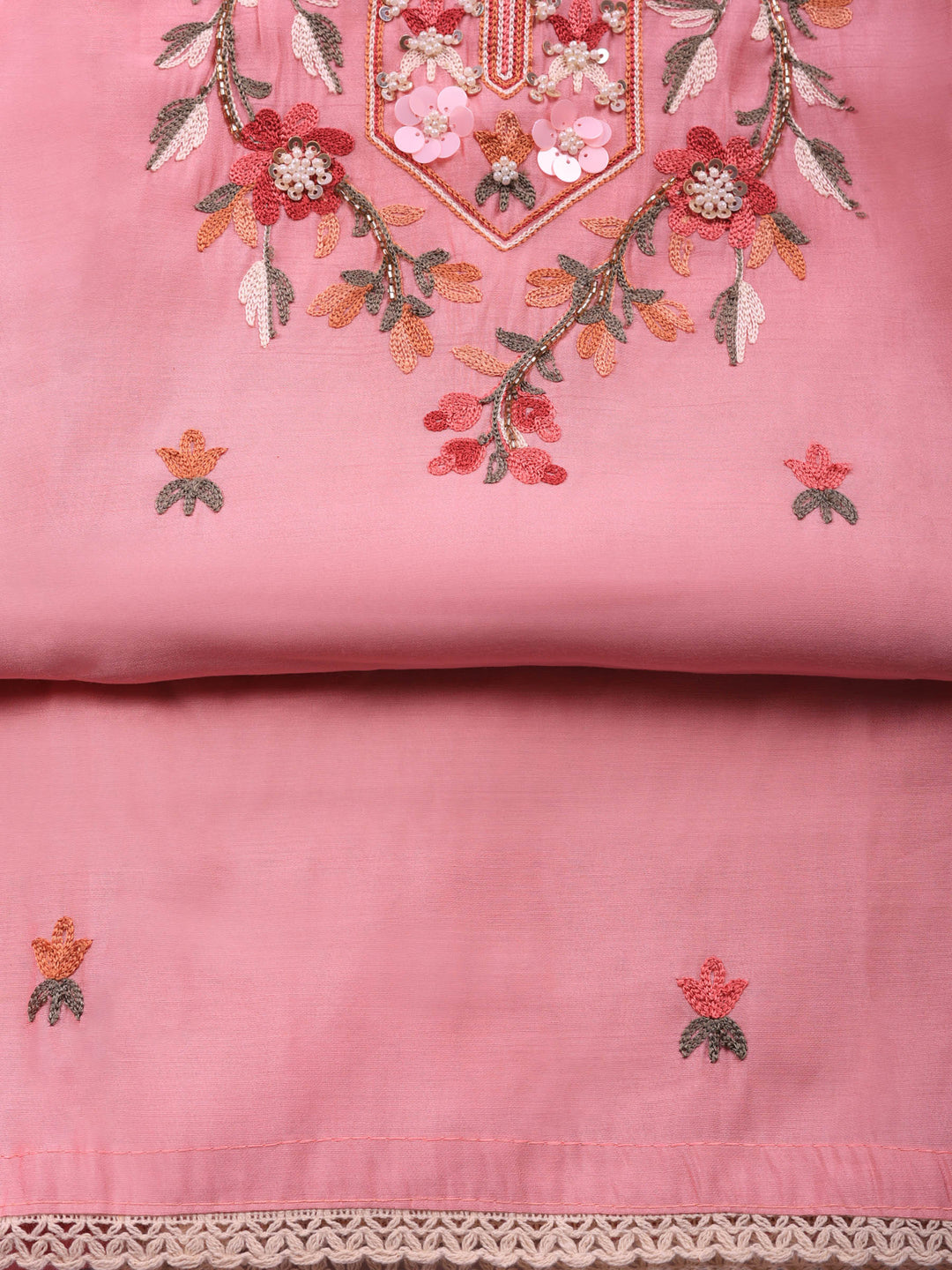 Pink Embroidered Chanderi Unstitched Suit &amp; Pant With Chanderi Dupatta