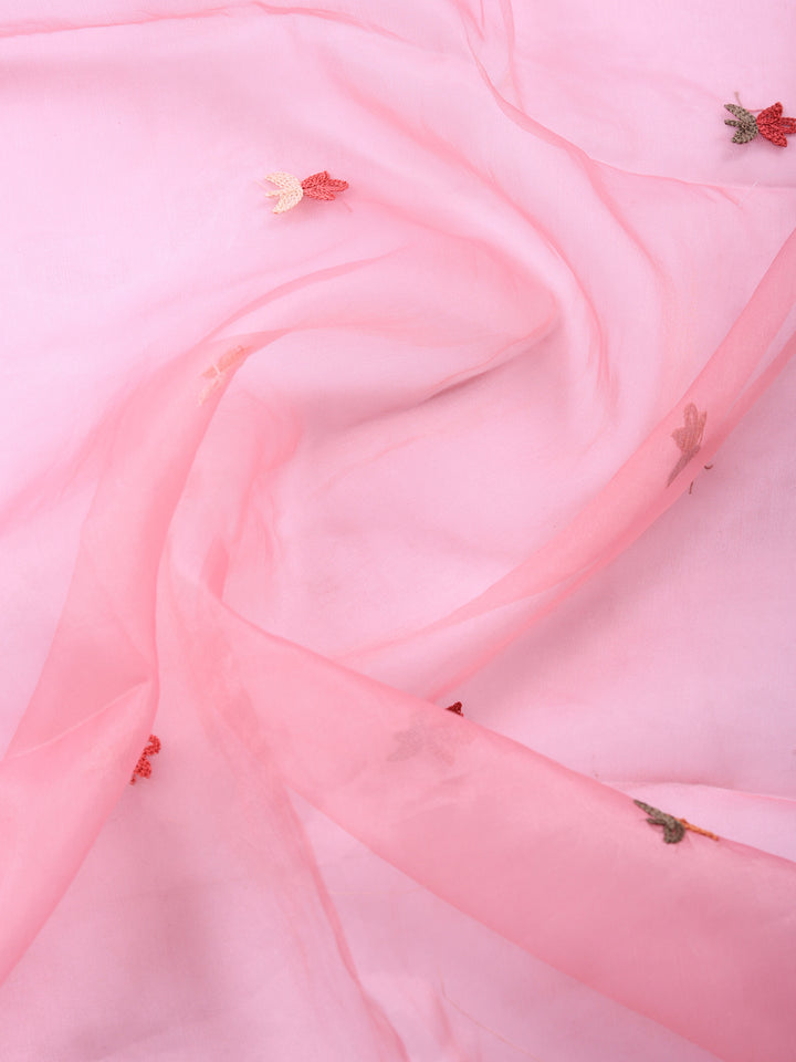 Pink Embroidered Chanderi Unstitched Suit &amp; Pant With Chanderi Dupatta