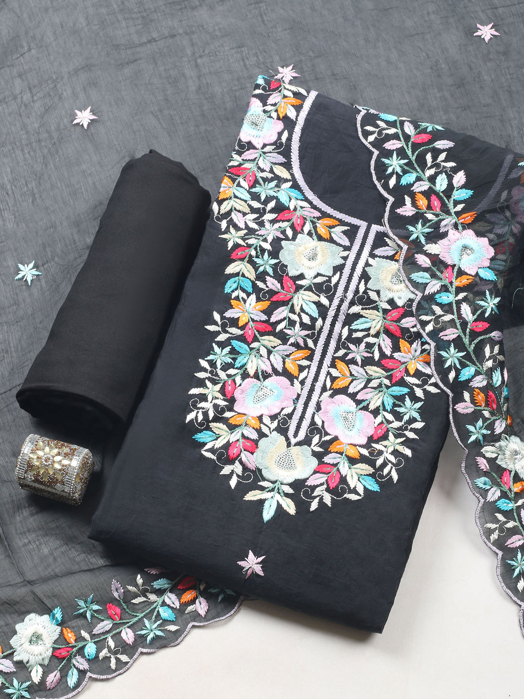 Black Embroidered Chanderi Unstitched Suit &amp; Pant With Chanderi Dupatta
