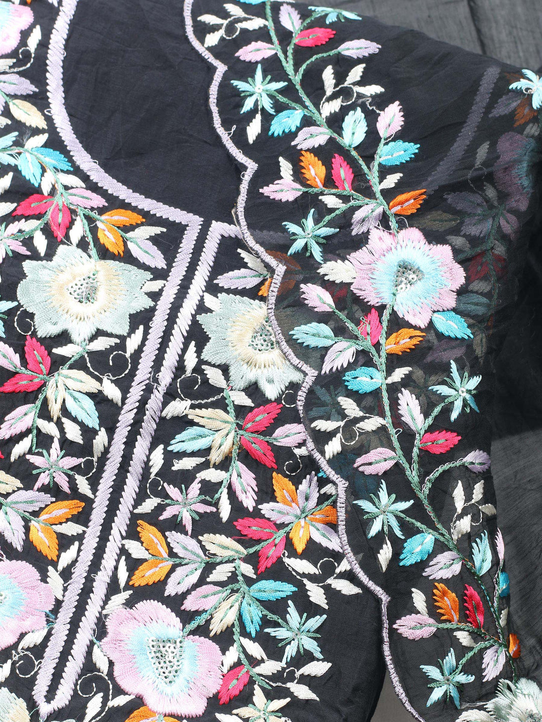 Black Embroidered Chanderi Unstitched Suit &amp; Pant With Chanderi Dupatta