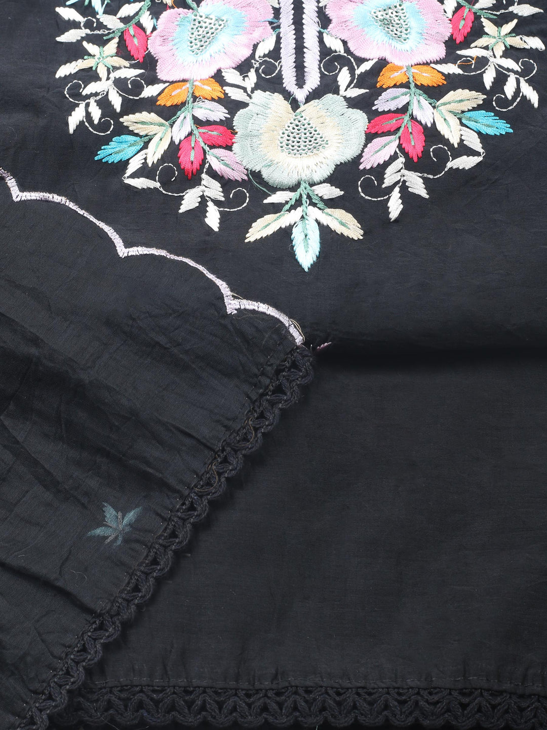 Black Embroidered Chanderi Unstitched Suit &amp; Pant With Chanderi Dupatta