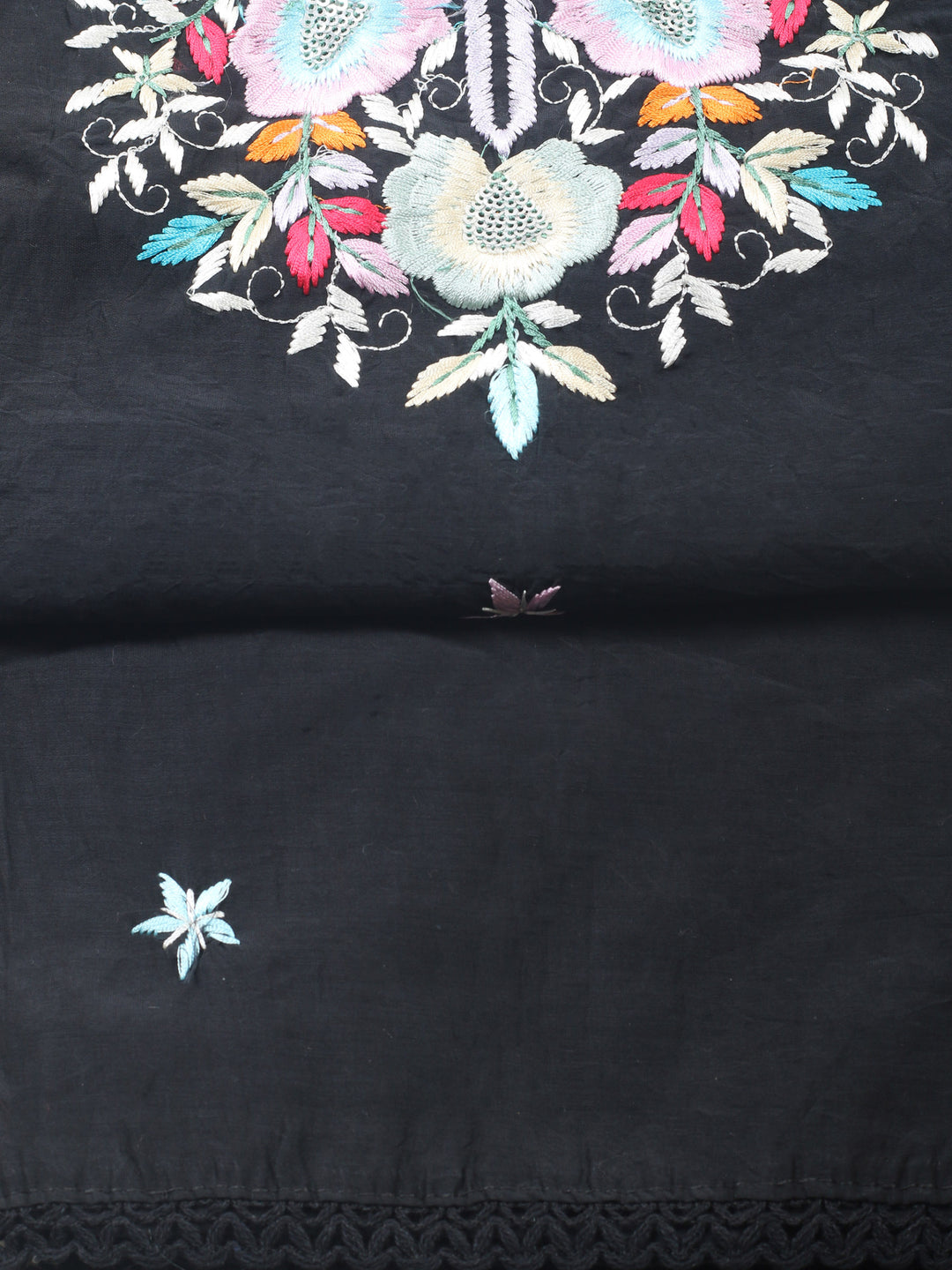 Black Embroidered Chanderi Unstitched Suit &amp; Pant With Chanderi Dupatta