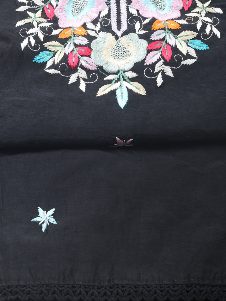 Black Embroidered Chanderi Unstitched Suit &amp; Pant With Chanderi Dupatta