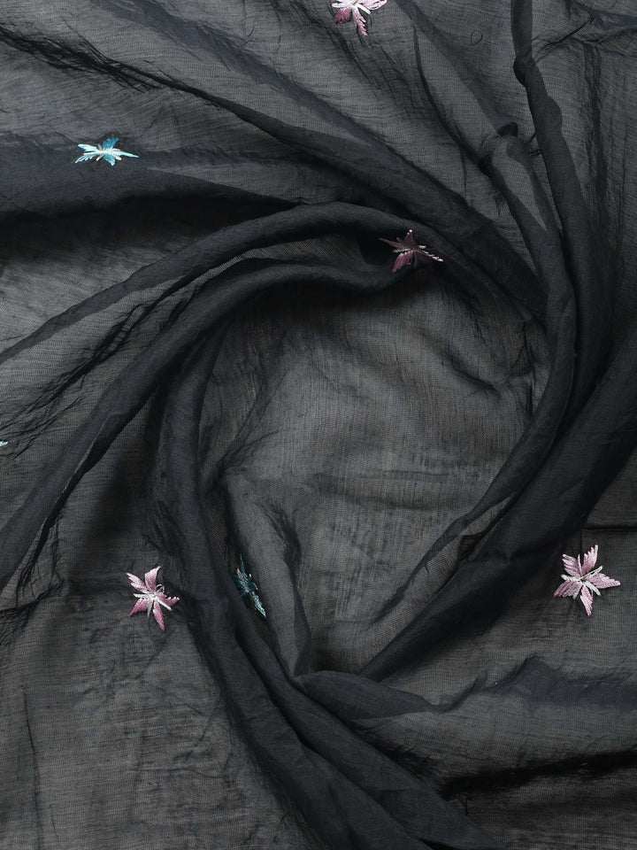Black Embroidered Chanderi Unstitched Suit &amp; Pant With Chanderi Dupatta