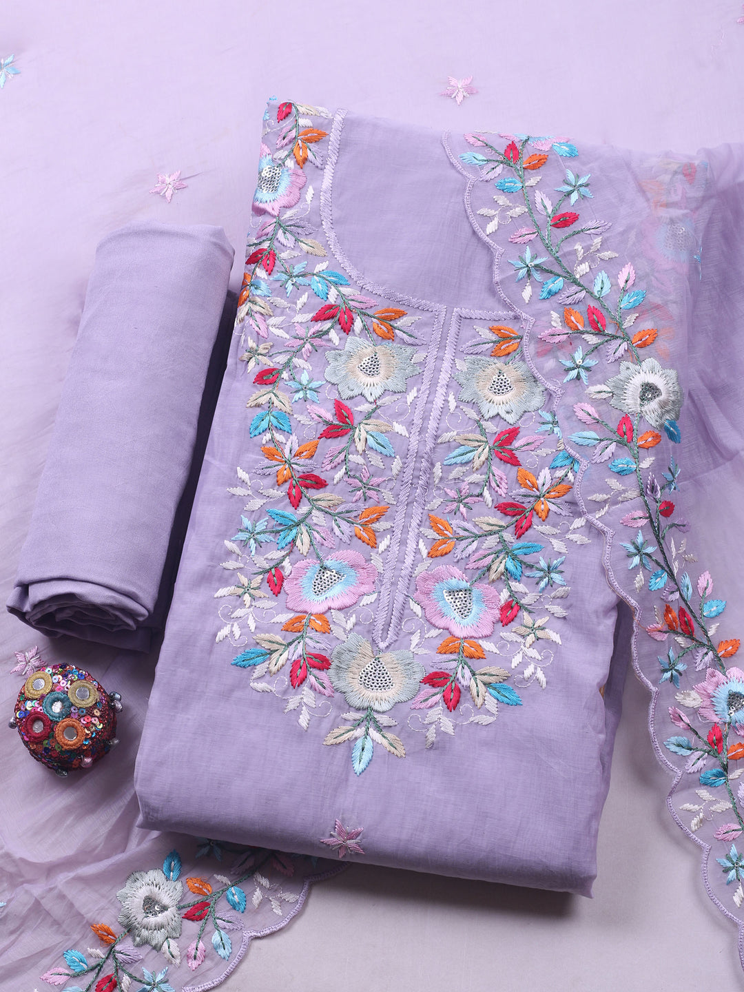 Lavender Embroidered Chanderi Unstitched Suit &amp; Pant With Chanderi Dupatta