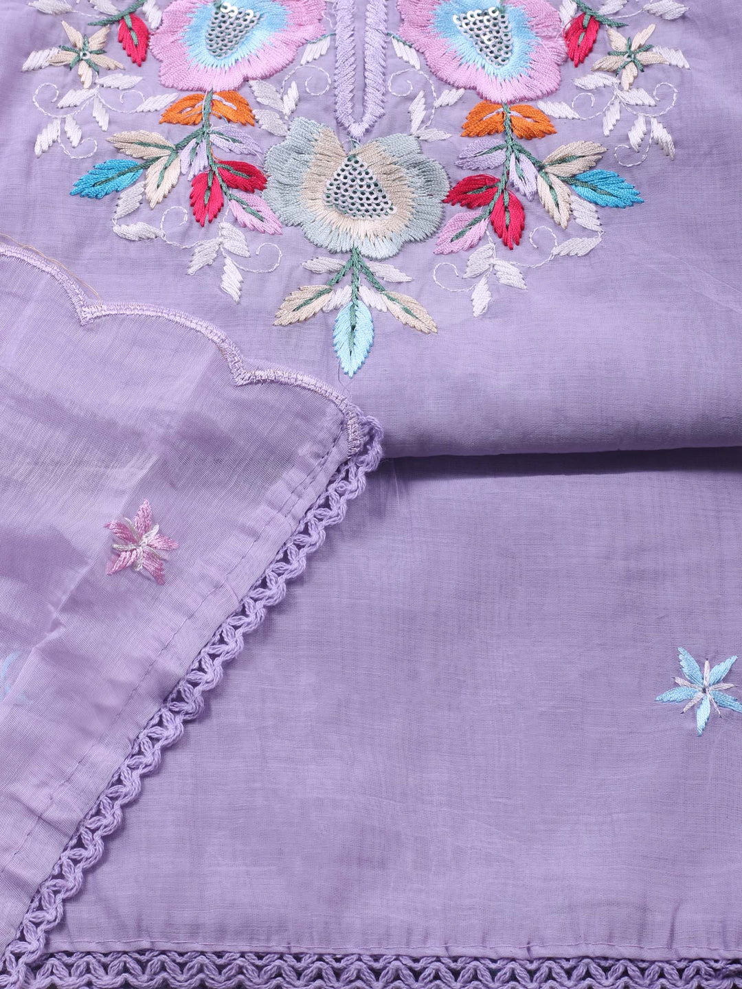 Lavender Embroidered Chanderi Unstitched Suit &amp; Pant With Chanderi Dupatta