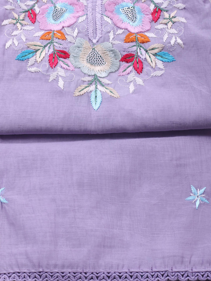 Lavender Embroidered Chanderi Unstitched Suit &amp; Pant With Chanderi Dupatta