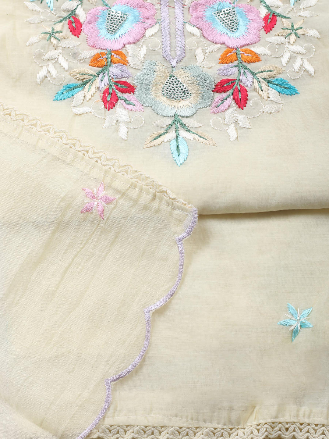Lemon Embroidered Chanderi Unstitched Suit &amp; Pant With Chanderi Dupatta
