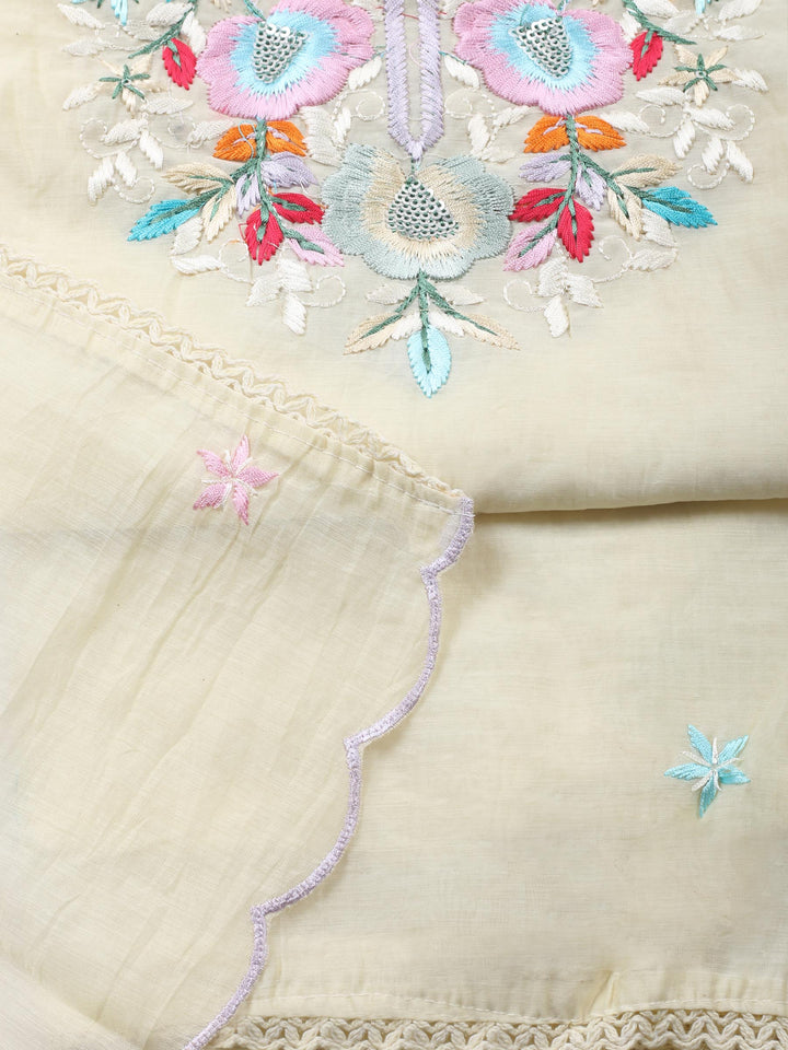 Lemon Embroidered Chanderi Unstitched Suit &amp; Pant With Chanderi Dupatta