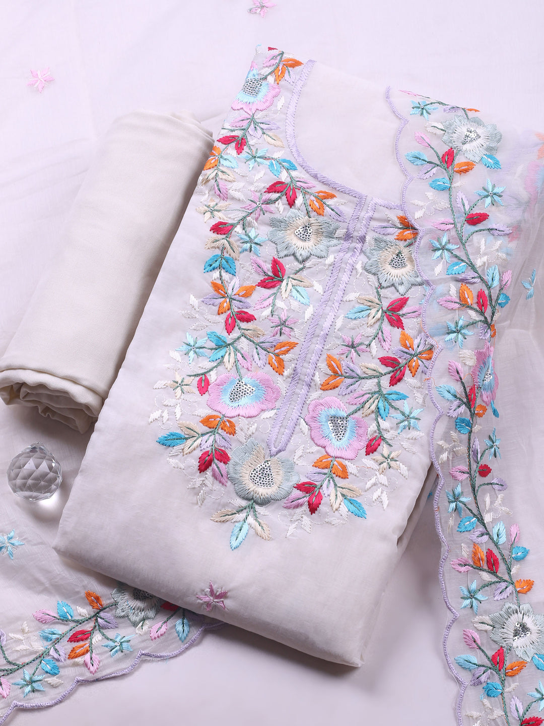 Off White Embroidered Chanderi Unstitched Suit &amp; Pant With Chanderi Dupatta