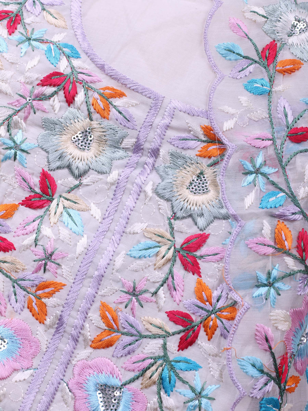 Off White Embroidered Chanderi Unstitched Suit &amp; Pant With Chanderi Dupatta