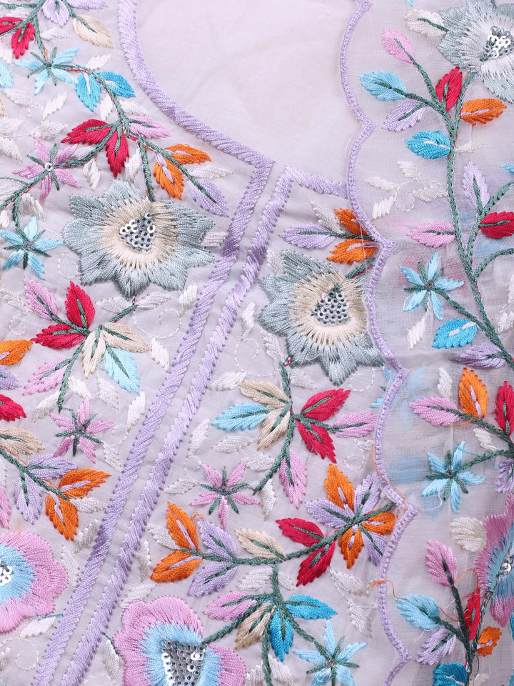 Off White Embroidered Chanderi Unstitched Suit &amp; Pant With Chanderi Dupatta