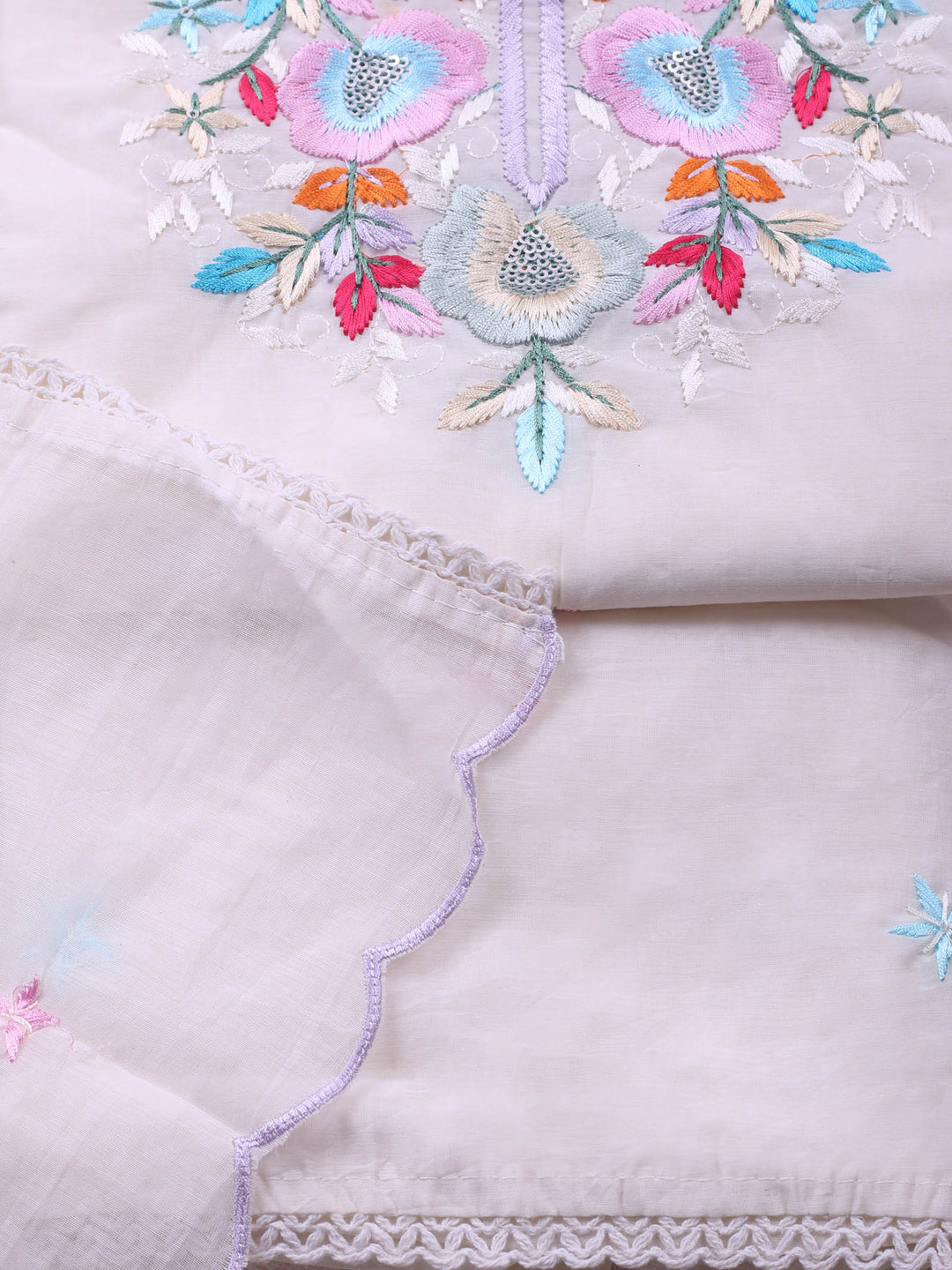 Off White Embroidered Chanderi Unstitched Suit &amp; Pant With Chanderi Dupatta
