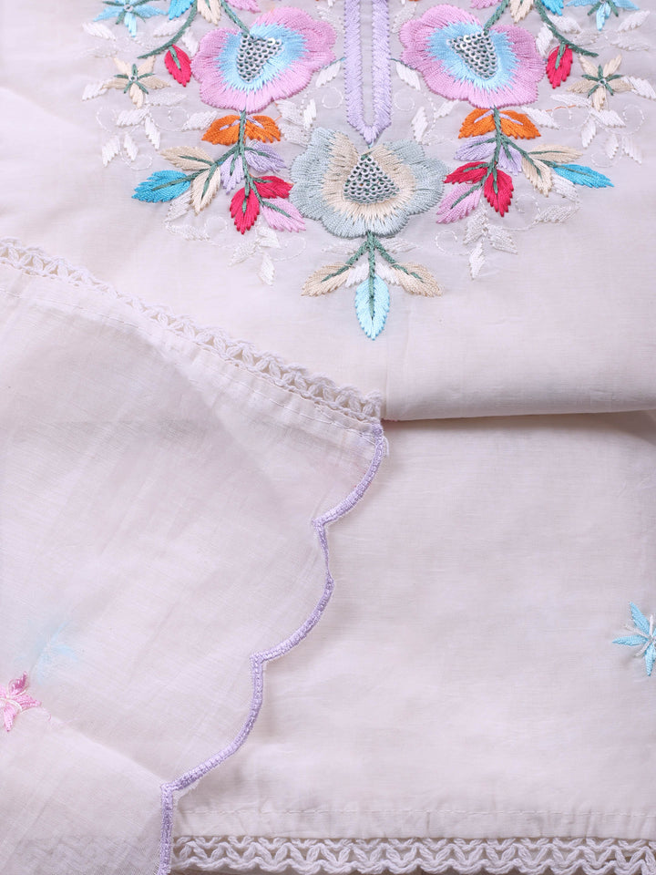 Off White Embroidered Chanderi Unstitched Suit &amp; Pant With Chanderi Dupatta