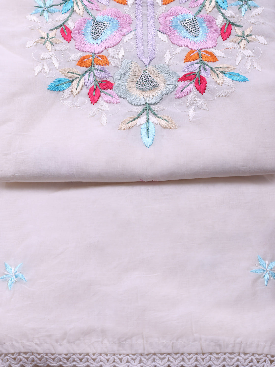 Off White Embroidered Chanderi Unstitched Suit &amp; Pant With Chanderi Dupatta