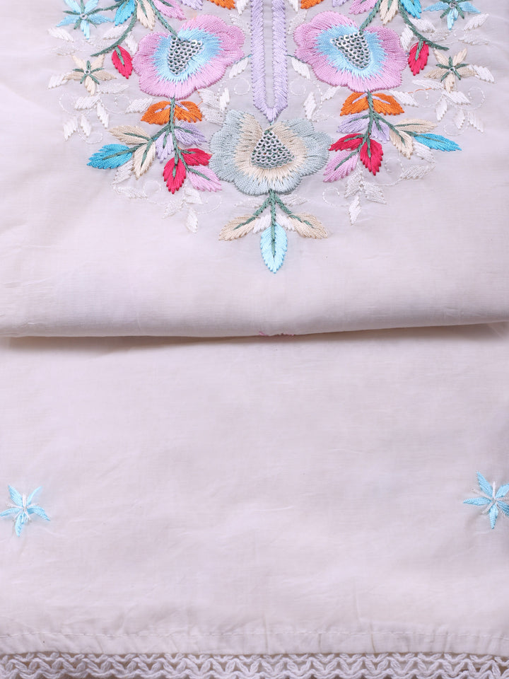 Off White Embroidered Chanderi Unstitched Suit &amp; Pant With Chanderi Dupatta