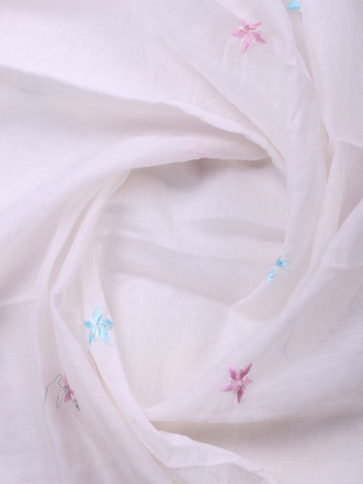 Off White Embroidered Chanderi Unstitched Suit &amp; Pant With Chanderi Dupatta