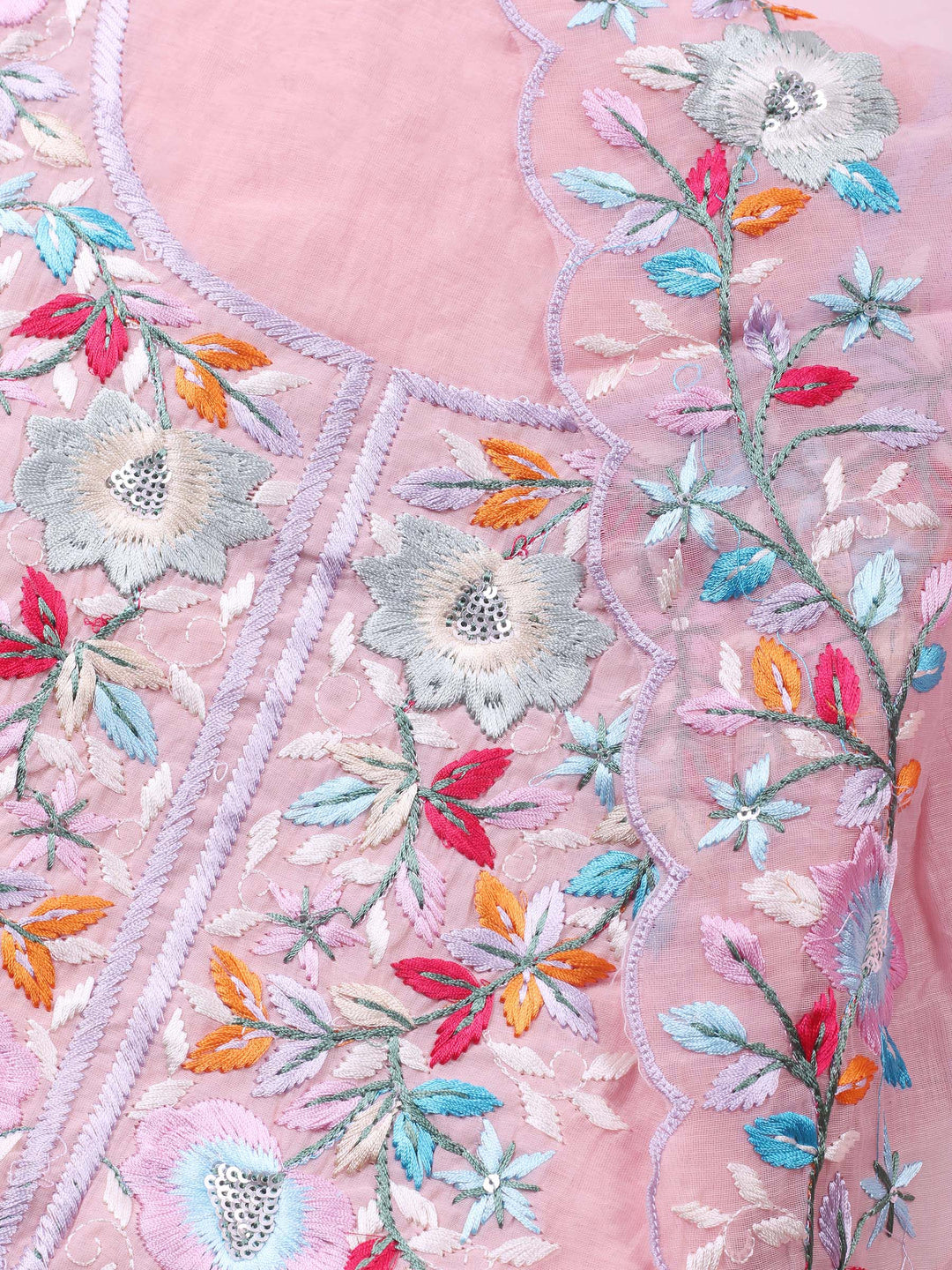 Peach Embroidered Chanderi Unstitched Suit &amp; Pant With Chanderi Dupatta