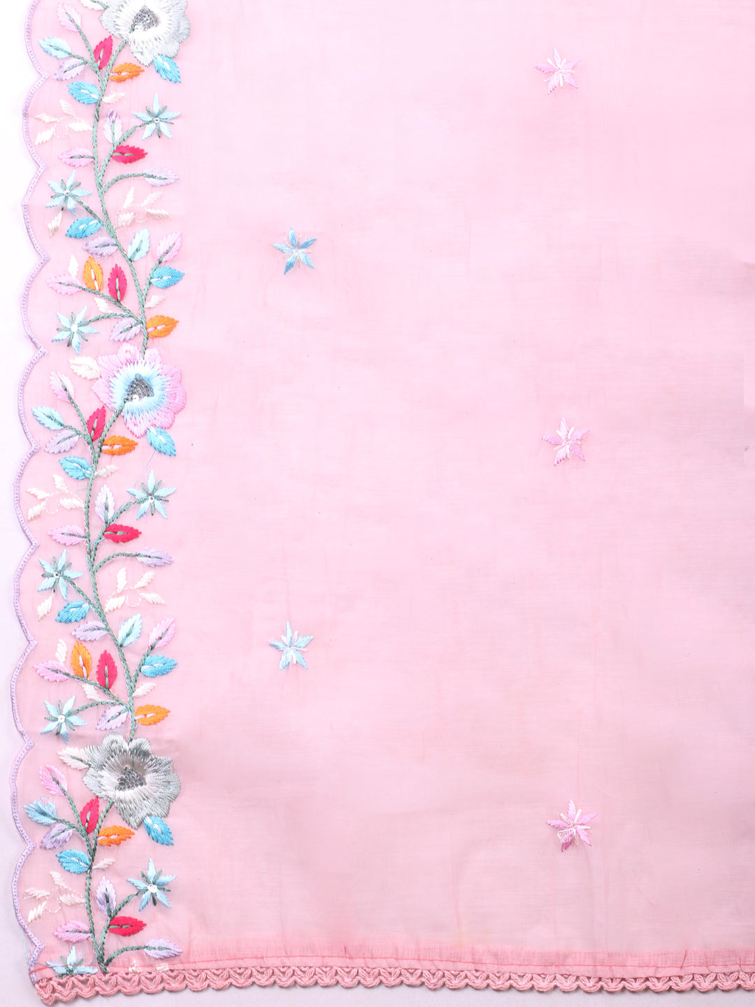 Peach Embroidered Chanderi Unstitched Suit &amp; Pant With Chanderi Dupatta