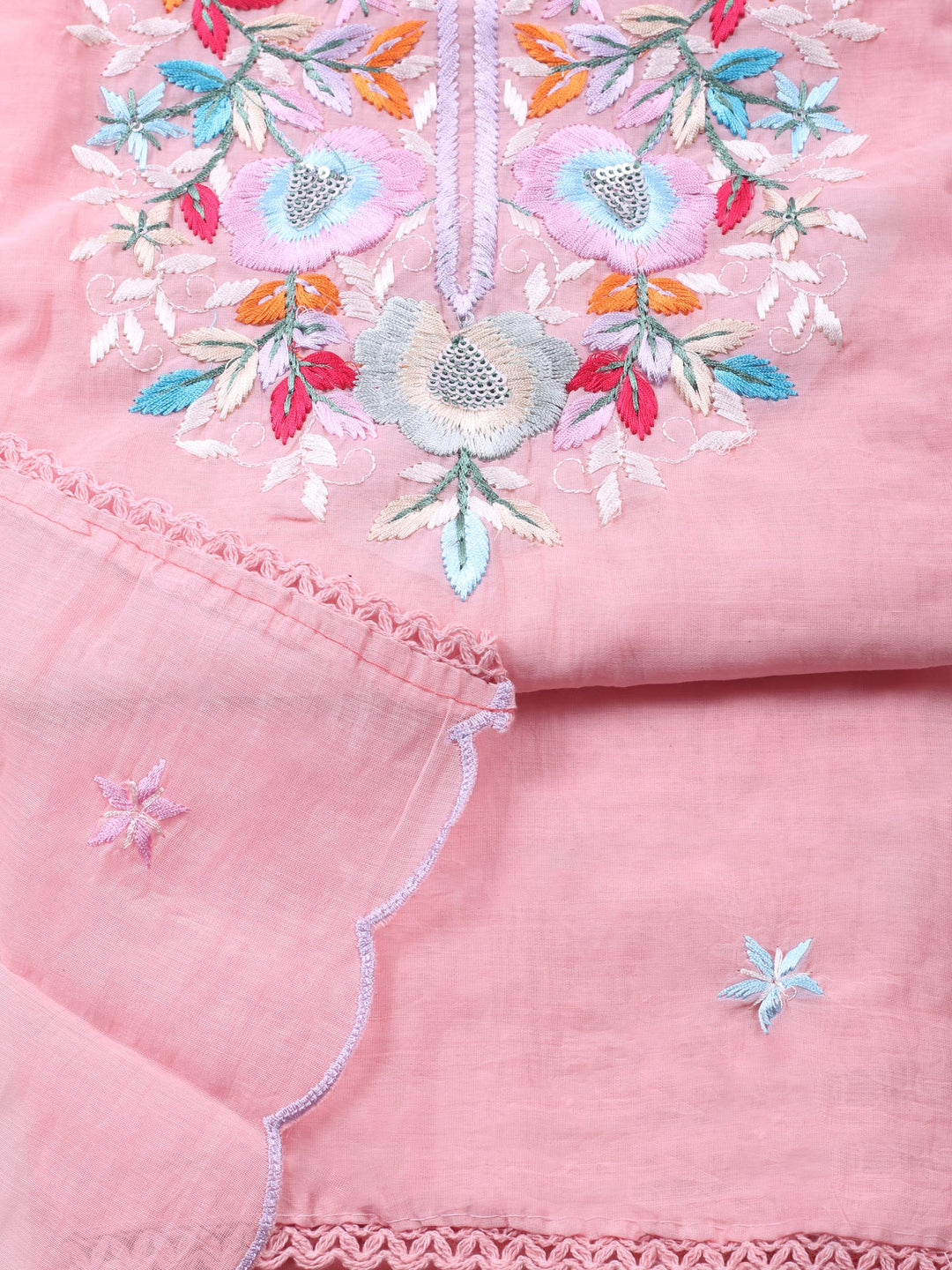 Peach Embroidered Chanderi Unstitched Suit &amp; Pant With Chanderi Dupatta