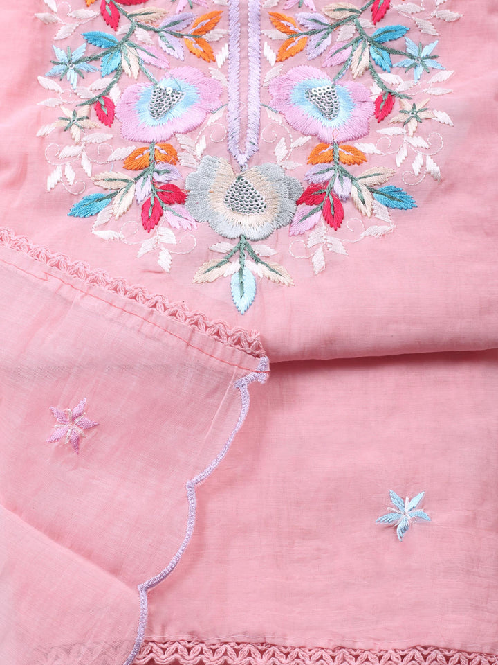 Peach Embroidered Chanderi Unstitched Suit &amp; Pant With Chanderi Dupatta