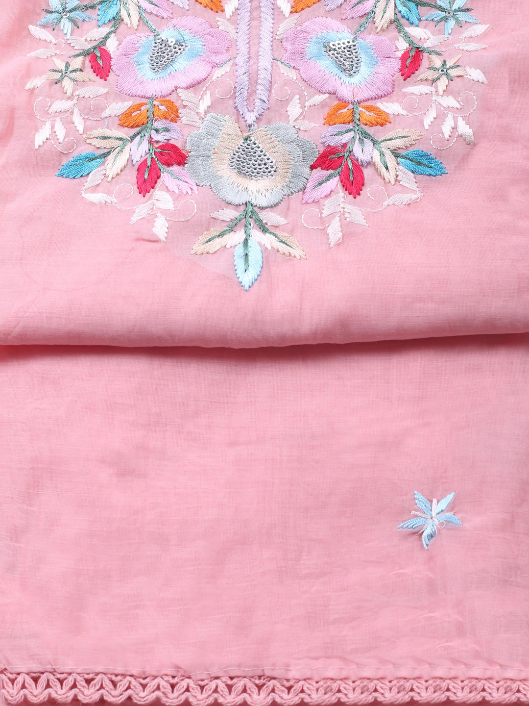 Peach Embroidered Chanderi Unstitched Suit &amp; Pant With Chanderi Dupatta