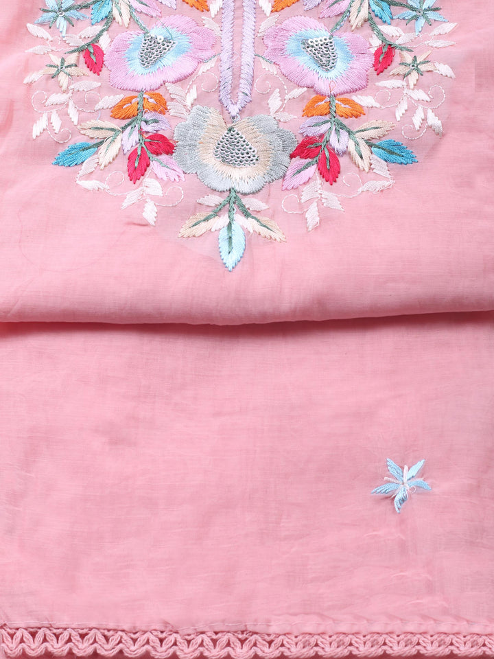 Peach Embroidered Chanderi Unstitched Suit &amp; Pant With Chanderi Dupatta