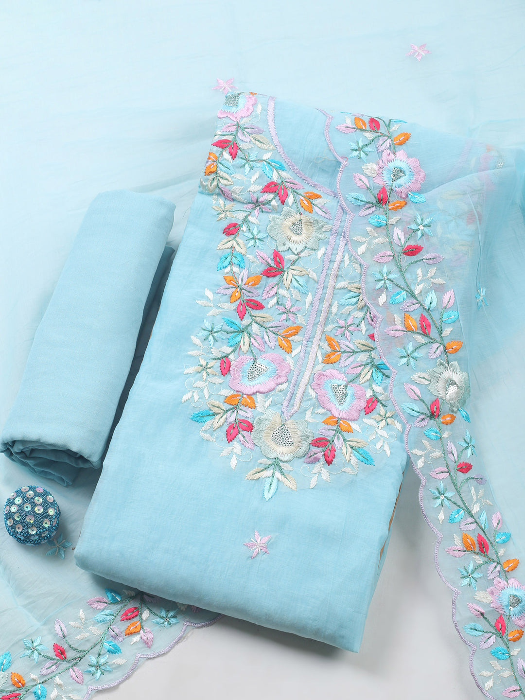 Sea Green Embroidered Chanderi Unstitched Suit &amp; Pant With Chanderi Dupatta