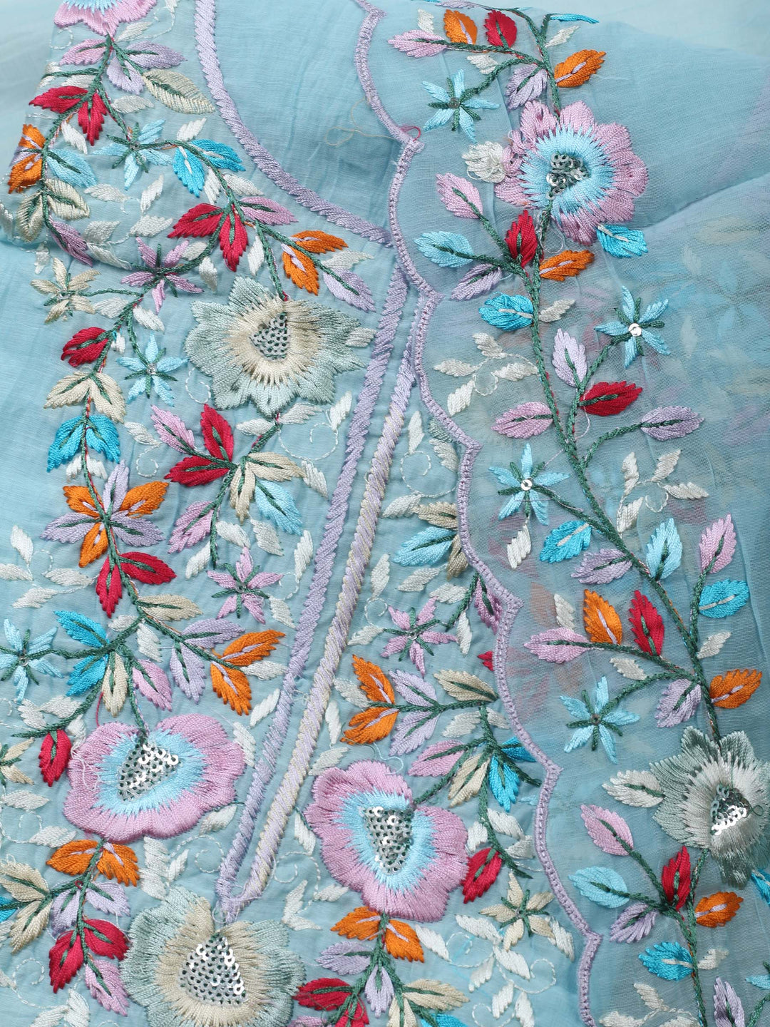 Sea Green Embroidered Chanderi Unstitched Suit &amp; Pant With Chanderi Dupatta