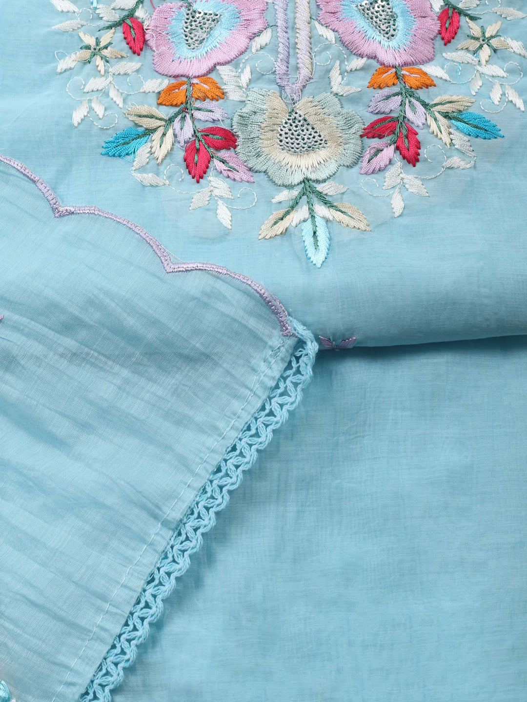 Sea Green Embroidered Chanderi Unstitched Suit &amp; Pant With Chanderi Dupatta