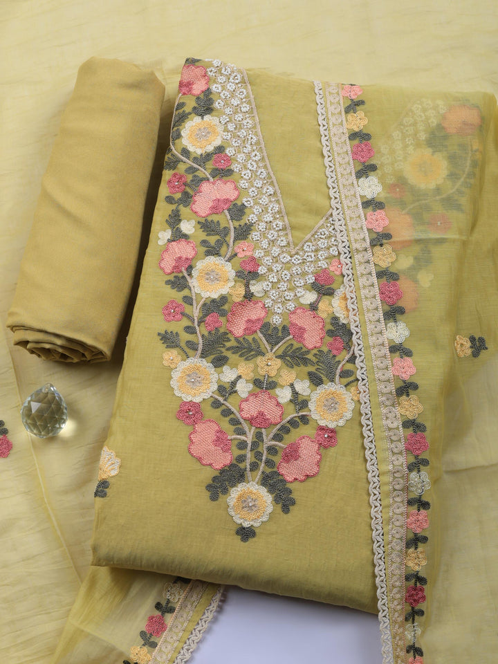 Mehndi Embroidered Chanderi Unstitched Suit &amp; Pant With Chanderi Dupatta