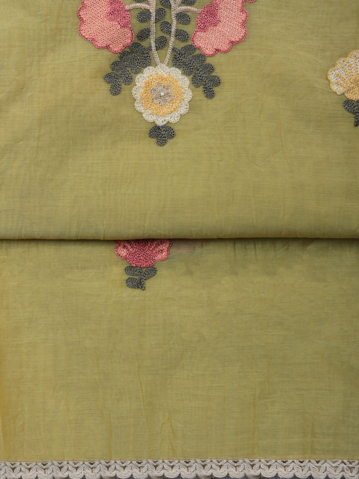 Mehndi Embroidered Chanderi Unstitched Suit &amp; Pant With Chanderi Dupatta