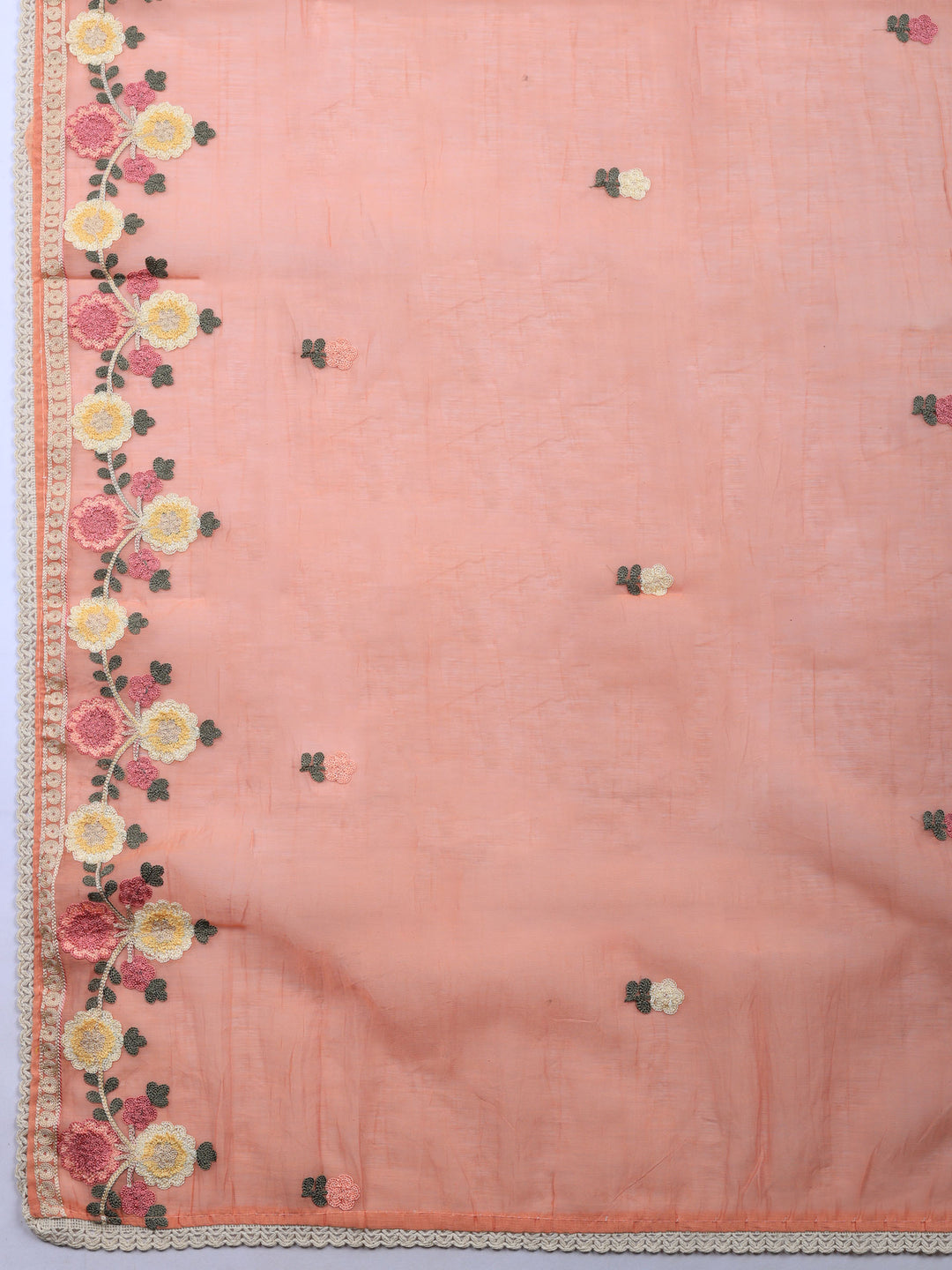 Peach Embroidered Chanderi Unstitched Suit &amp; Pant With Chanderi Dupatta