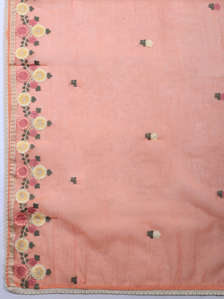 Peach Embroidered Chanderi Unstitched Suit &amp; Pant With Chanderi Dupatta