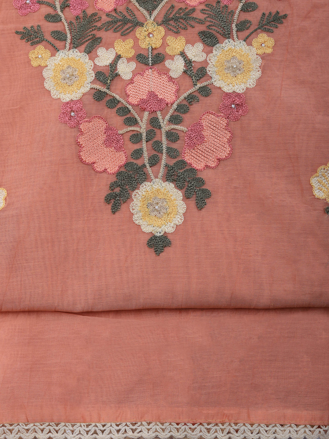 Peach Embroidered Chanderi Unstitched Suit &amp; Pant With Chanderi Dupatta
