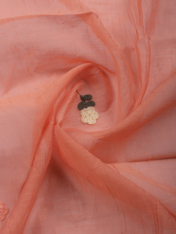 Peach Embroidered Chanderi Unstitched Suit &amp; Pant With Chanderi Dupatta