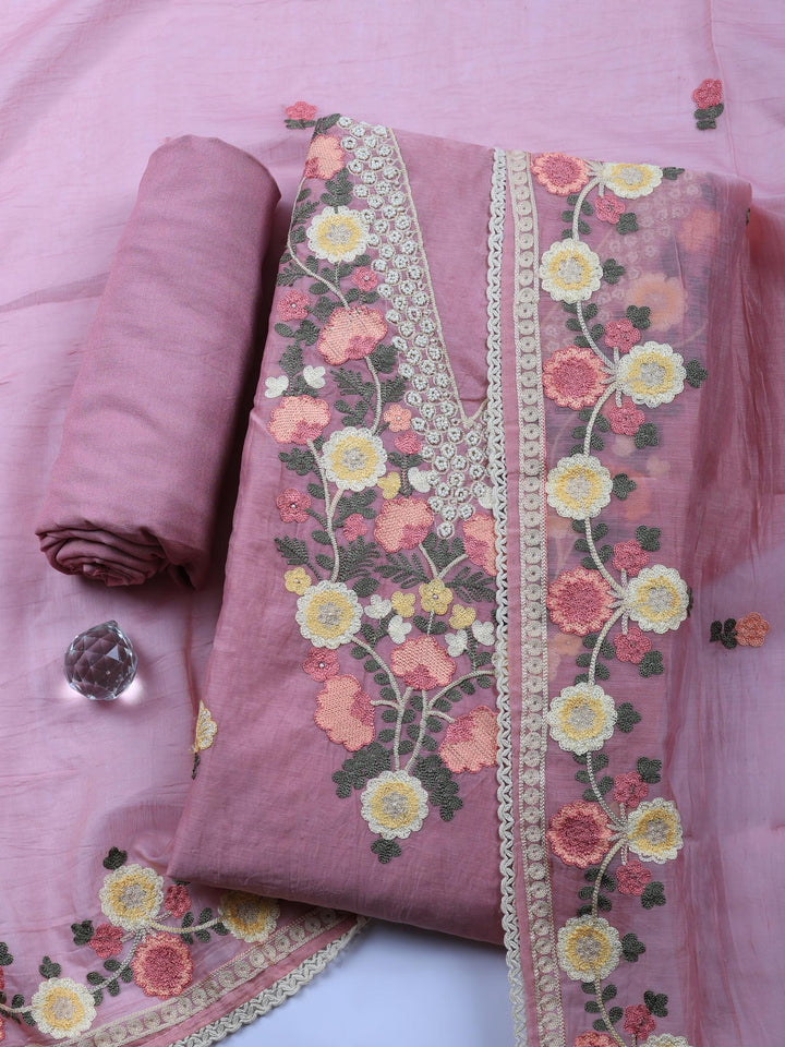 Pink Embroidered Chanderi Unstitched Suit &amp; Pant With Chanderi Dupatta
