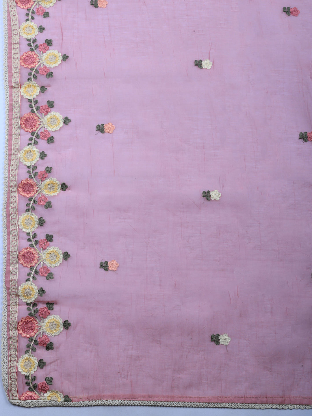 Pink Embroidered Chanderi Unstitched Suit &amp; Pant With Chanderi Dupatta