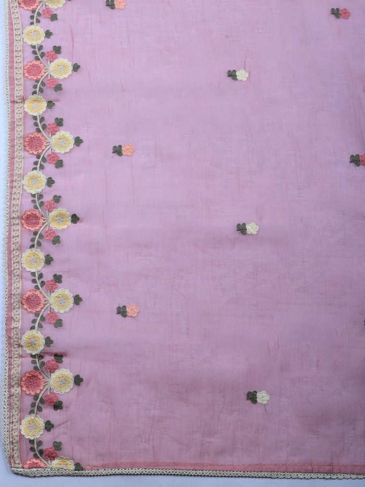Pink Embroidered Chanderi Unstitched Suit &amp; Pant With Chanderi Dupatta