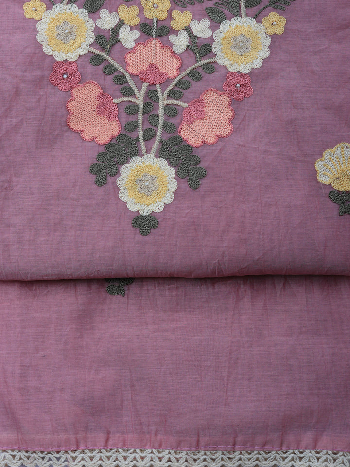 Pink Embroidered Chanderi Unstitched Suit &amp; Pant With Chanderi Dupatta