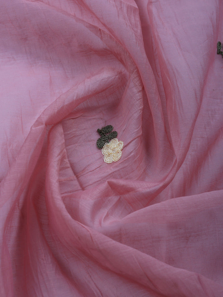 Pink Embroidered Chanderi Unstitched Suit &amp; Pant With Chanderi Dupatta