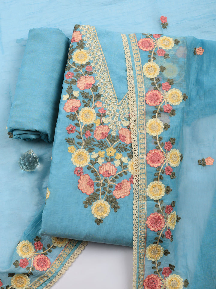 Sky Blue Embroidered Chanderi Unstitched Suit &amp; Pant With Chanderi Dupatta