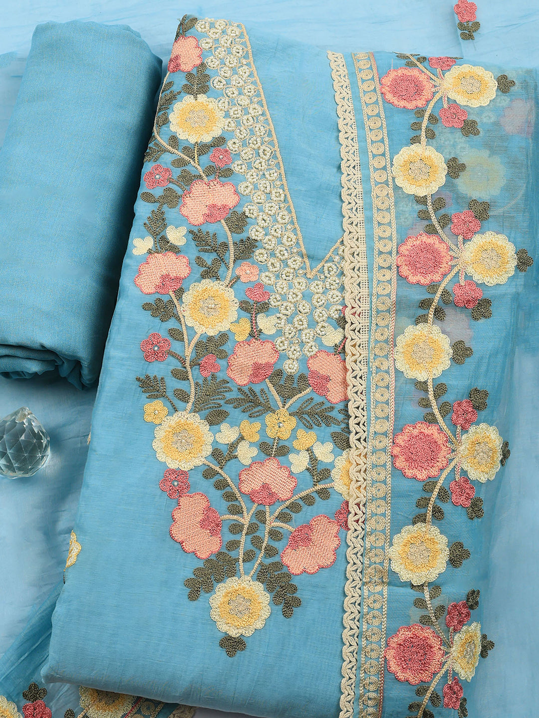 Sky Blue Embroidered Chanderi Unstitched Suit &amp; Pant With Chanderi Dupatta