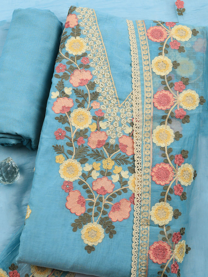 Sky Blue Embroidered Chanderi Unstitched Suit &amp; Pant With Chanderi Dupatta