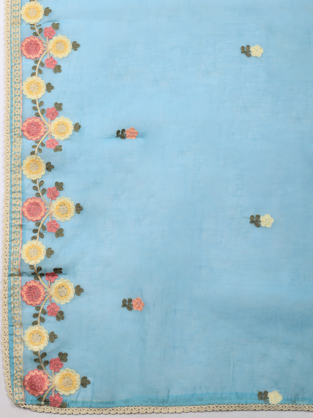Sky Blue Embroidered Chanderi Unstitched Suit &amp; Pant With Chanderi Dupatta