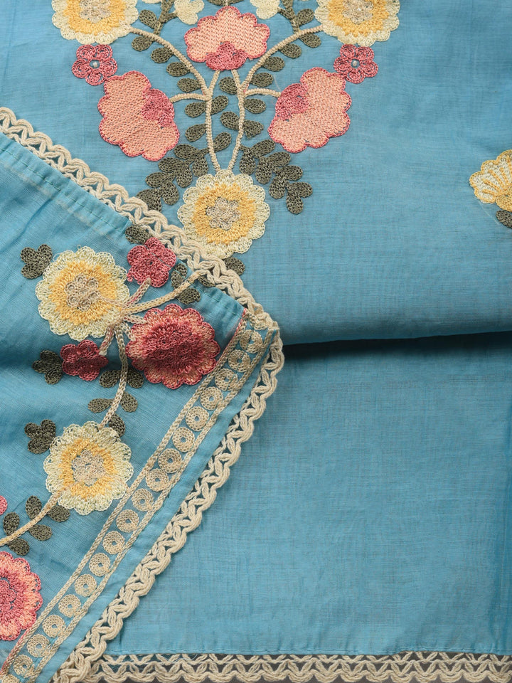 Sky Blue Embroidered Chanderi Unstitched Suit &amp; Pant With Chanderi Dupatta