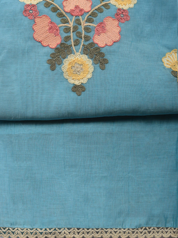 Sky Blue Embroidered Chanderi Unstitched Suit &amp; Pant With Chanderi Dupatta