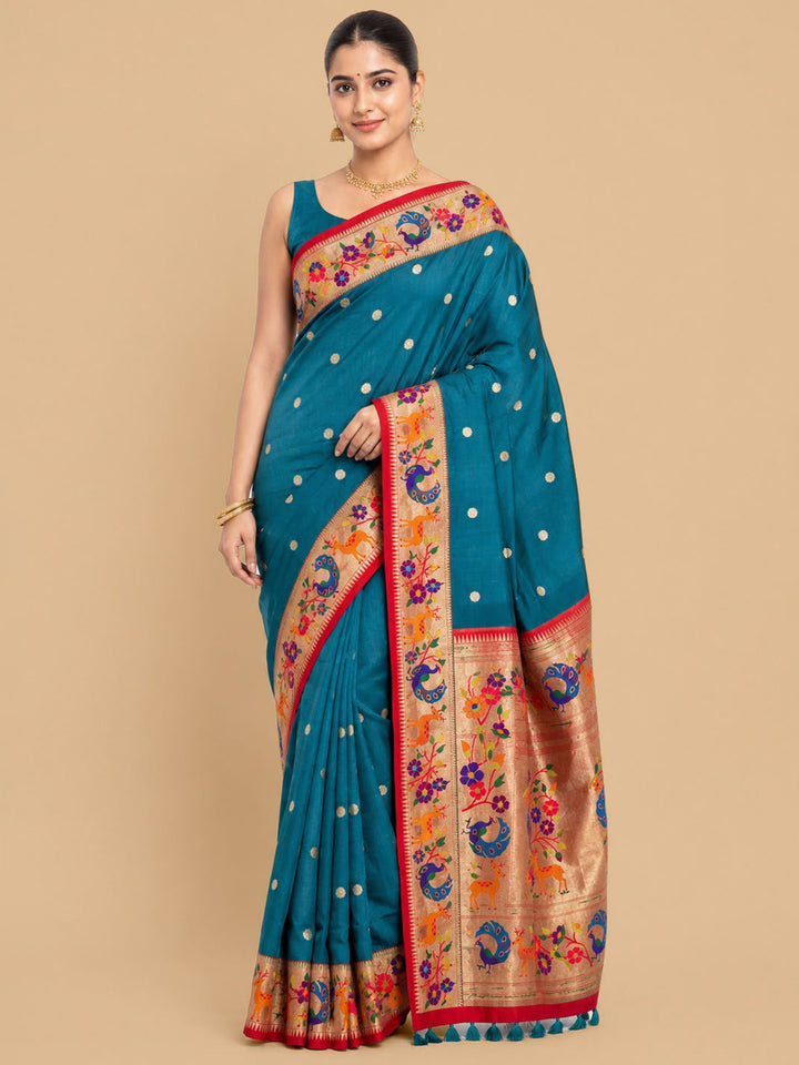 Peacock-Blue Woven Design Art Silk Saree