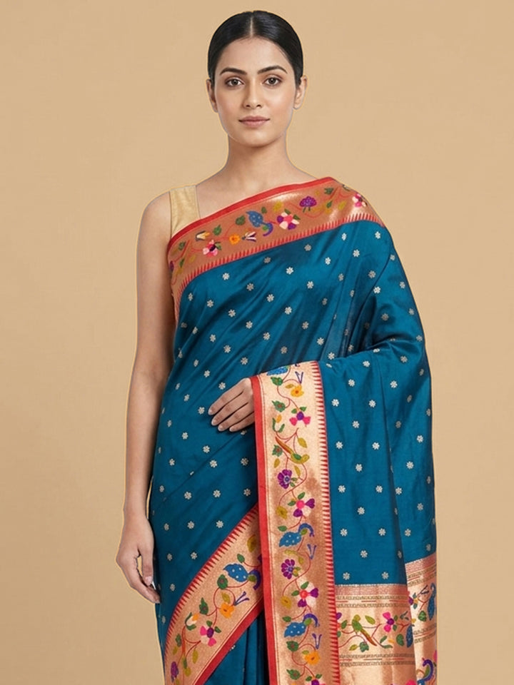 Peacock-Blue Woven Design Art Silk Saree